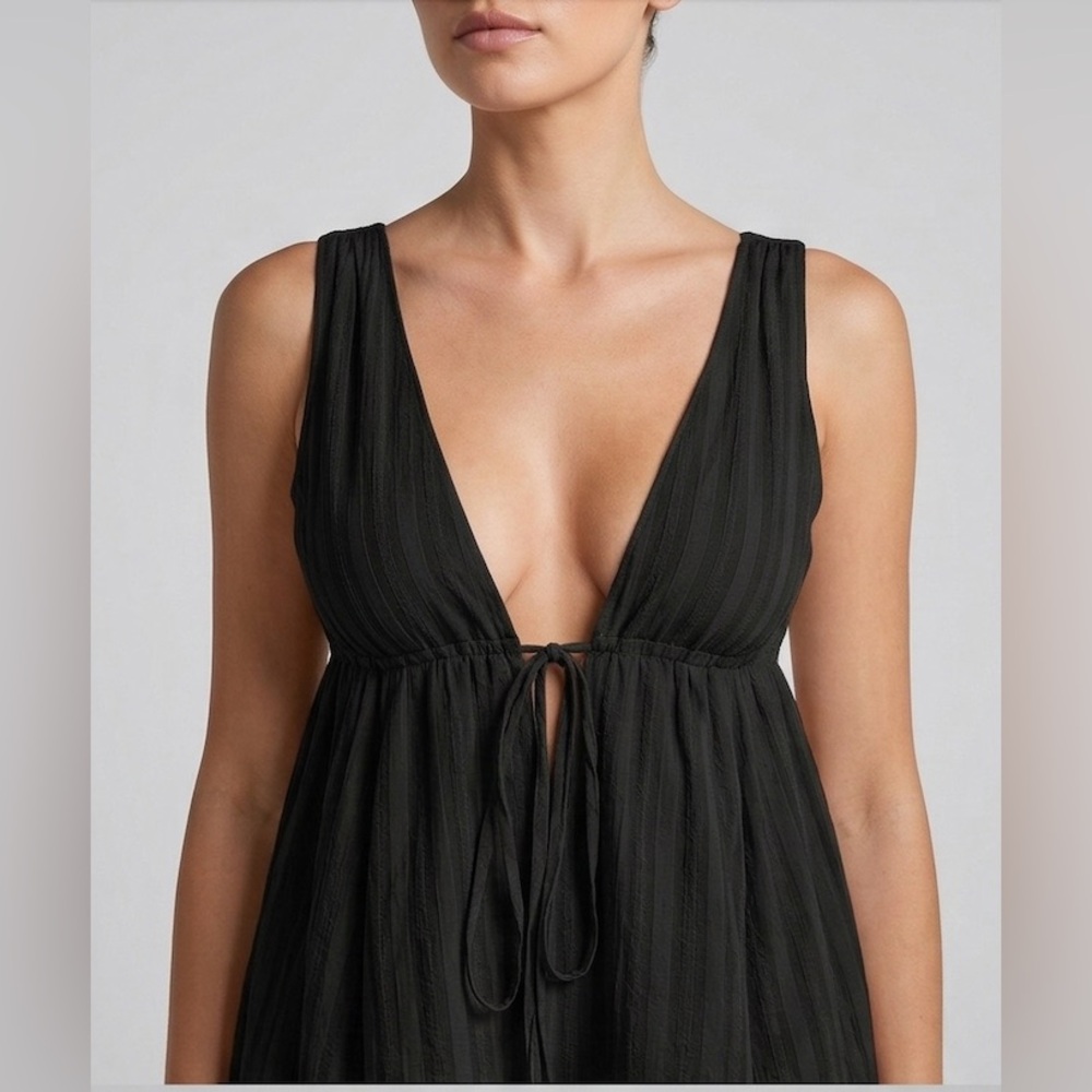 Ethereal 100% Cotton Deep V-Neck Babydoll Mini Dress Black - Picture 4 of 7